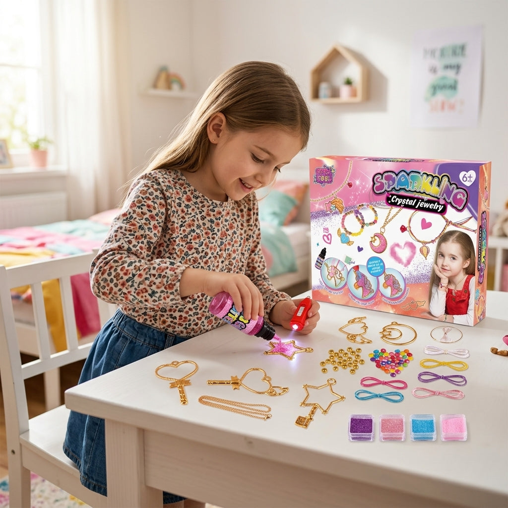 Kreativni set za nakit na stolu u dečijoj sobi dok devojčica pravi privezak
