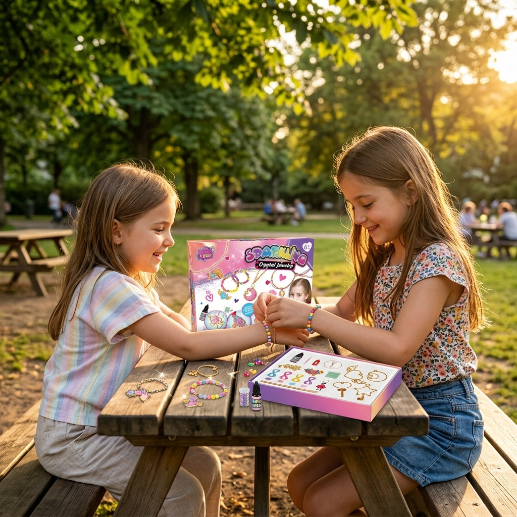 Kreativni set za nakit korišćen tokom piknika u parku dok devojčice isprobavaju narukvice