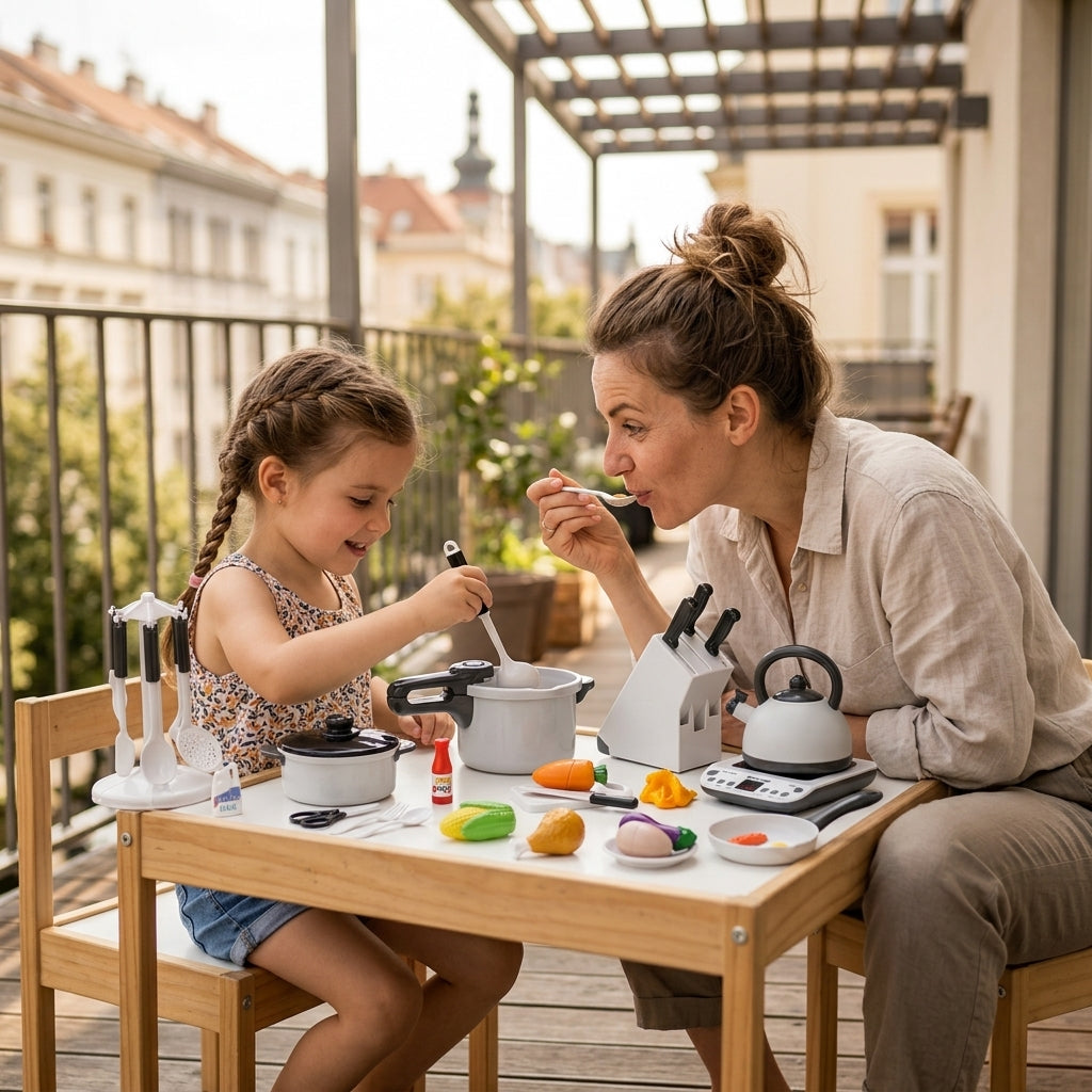 Dečji kuhinjski set sa posuđem i hranom na terasi dok se devojčica i mama igraju kuvanja
