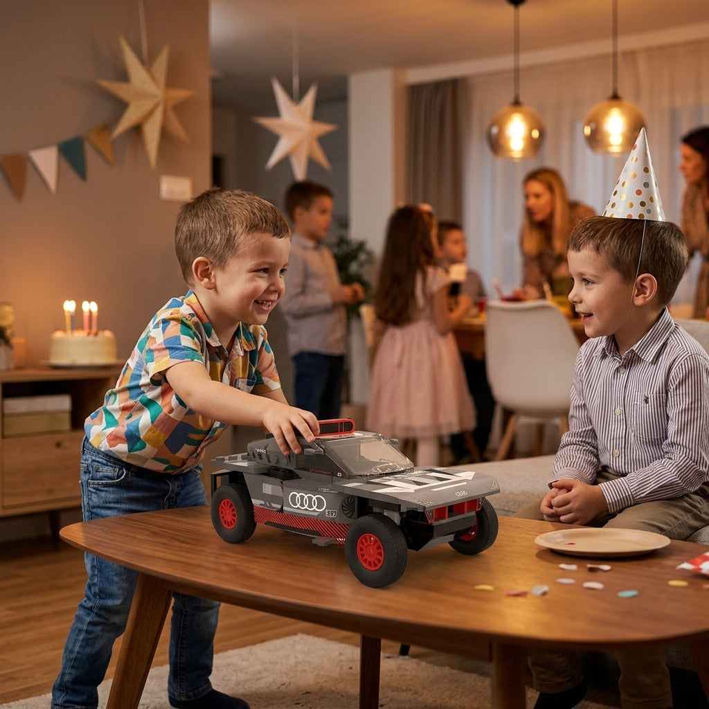 Auto Audi RS E-TRON kocke na dečijem rođendanu u toploj dnevnoj sobi