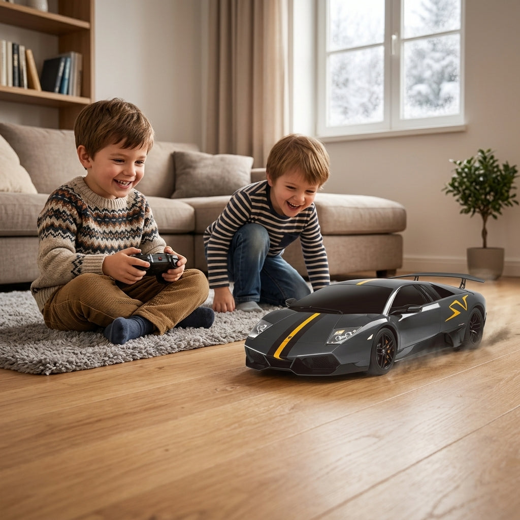 Auto Murciélago na daljinski vozi po drvenom podu u sobi