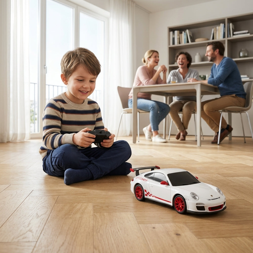 Auto na daljinski Porsche RS vozi se po drvenom podu u dnevnoj sobi