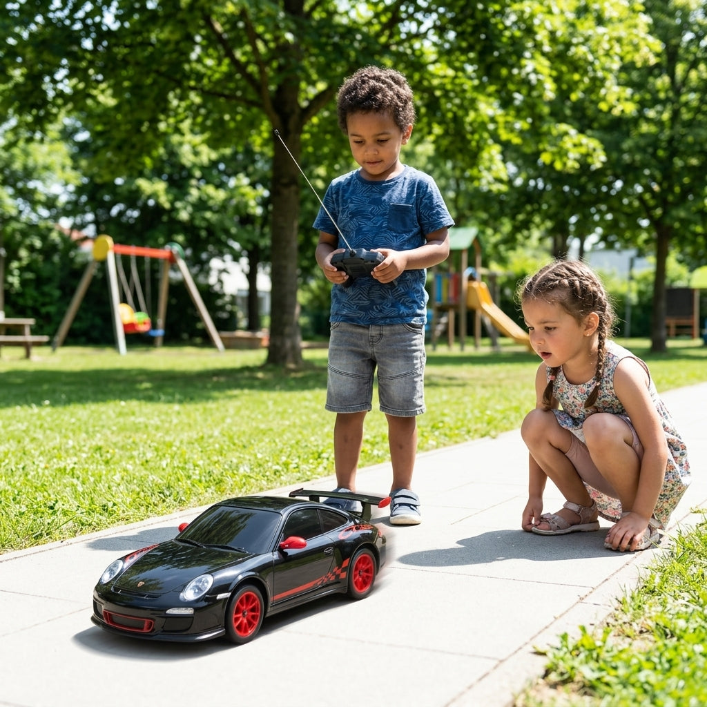 Auto na daljinski Porsche RS na stazi u dvorištu vrtića