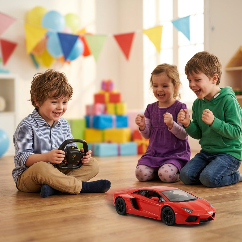 Auto na daljinski Aventador sa volanom crvene boje vozi se po podu tokom dečijeg rođendana