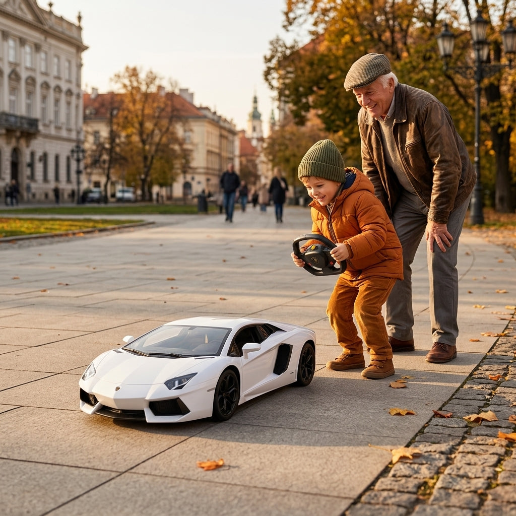 Auto na daljinski Aventador sa volanom u beloj boji na popločanoj stazi gradskog parka u jesen