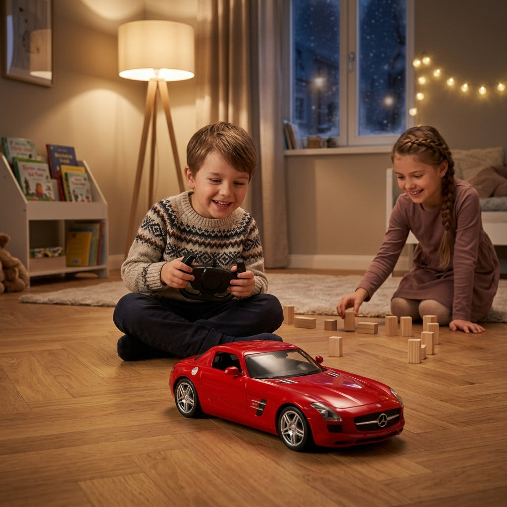 Auto na daljinski Mercedes-Benz SLS 1:14 u dečijoj sobi na parketu tokom igre brata i sestre