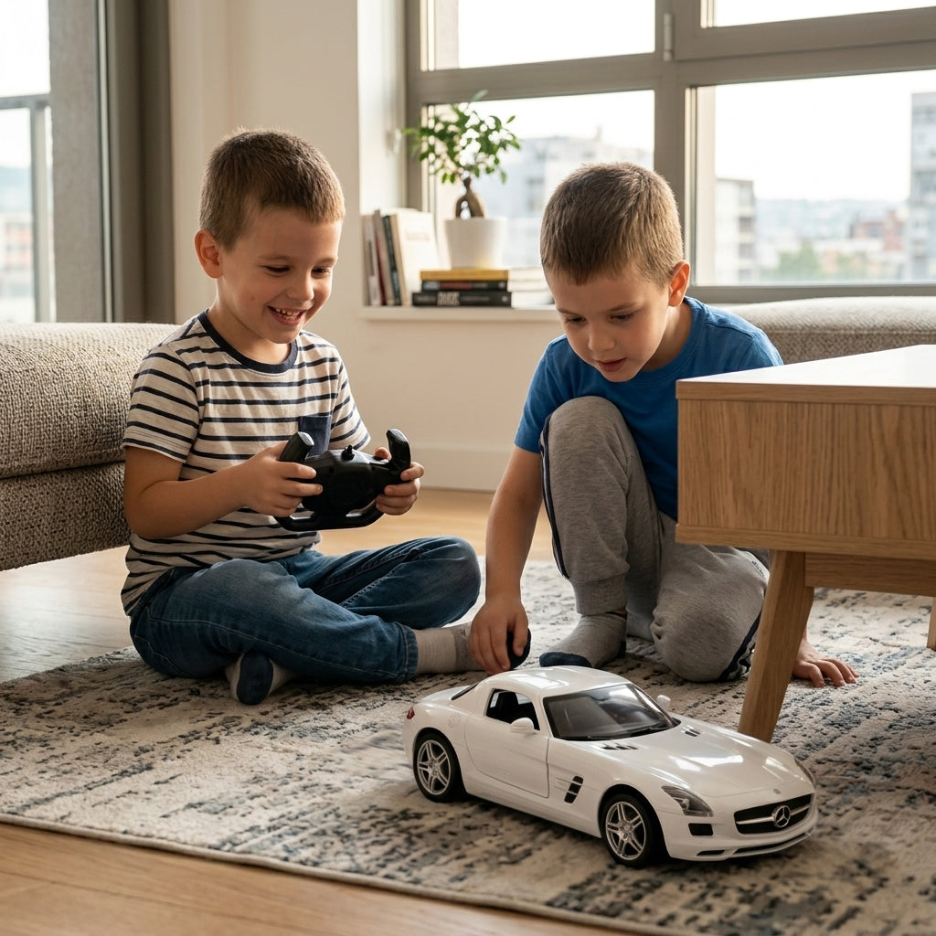 Auto na daljinski Mercedes-Benz SLS 1:14 u beloj boji tokom igre dva dečaka u dnevnoj sobi