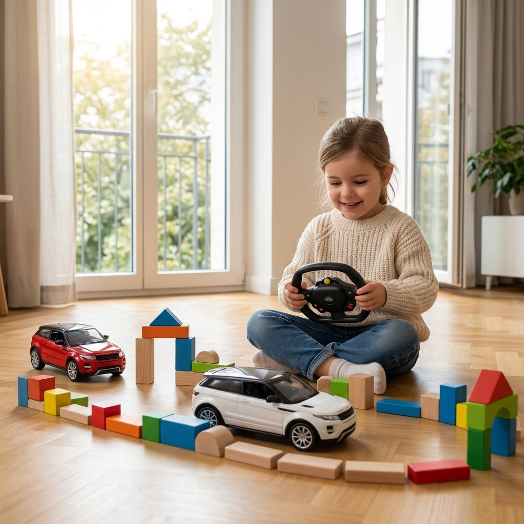 Auto na daljinski Range Rover Evoque bele boje na podu moderne sobe dok devojčica upravlja njime