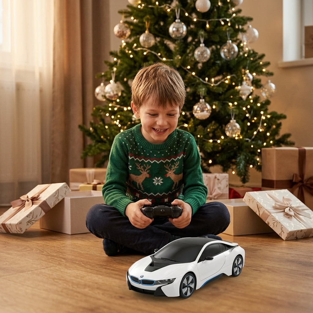 Auto na daljinski BMW i8 koji menja boju na suncu 1:24 pored okićene jelke