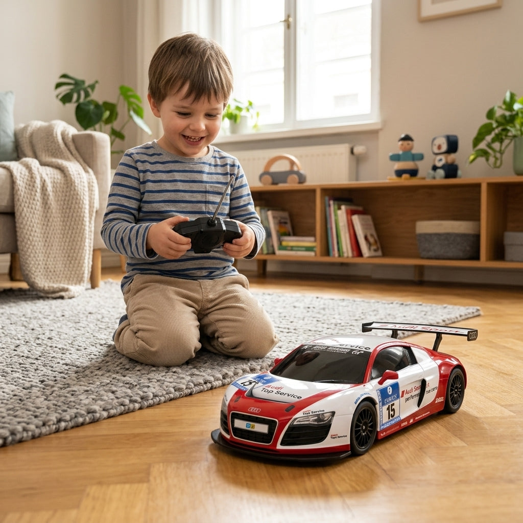Auto na daljinski Audi R8 LMS beli 1:18 na podu dnevne sobe dok dečak upravlja