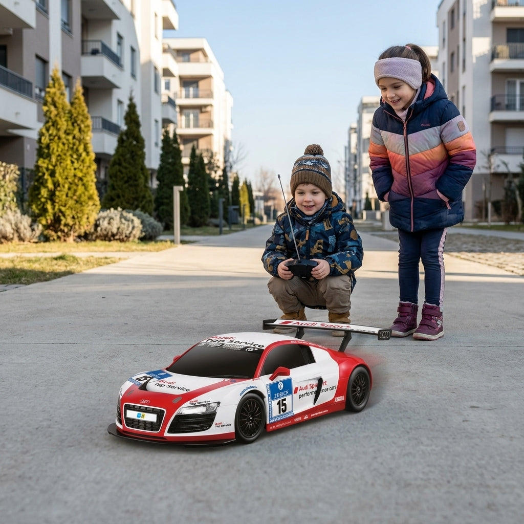 Auto na daljinski Audi R8 LMS beli 1:18 na stazi u parku dok deca upravljaju