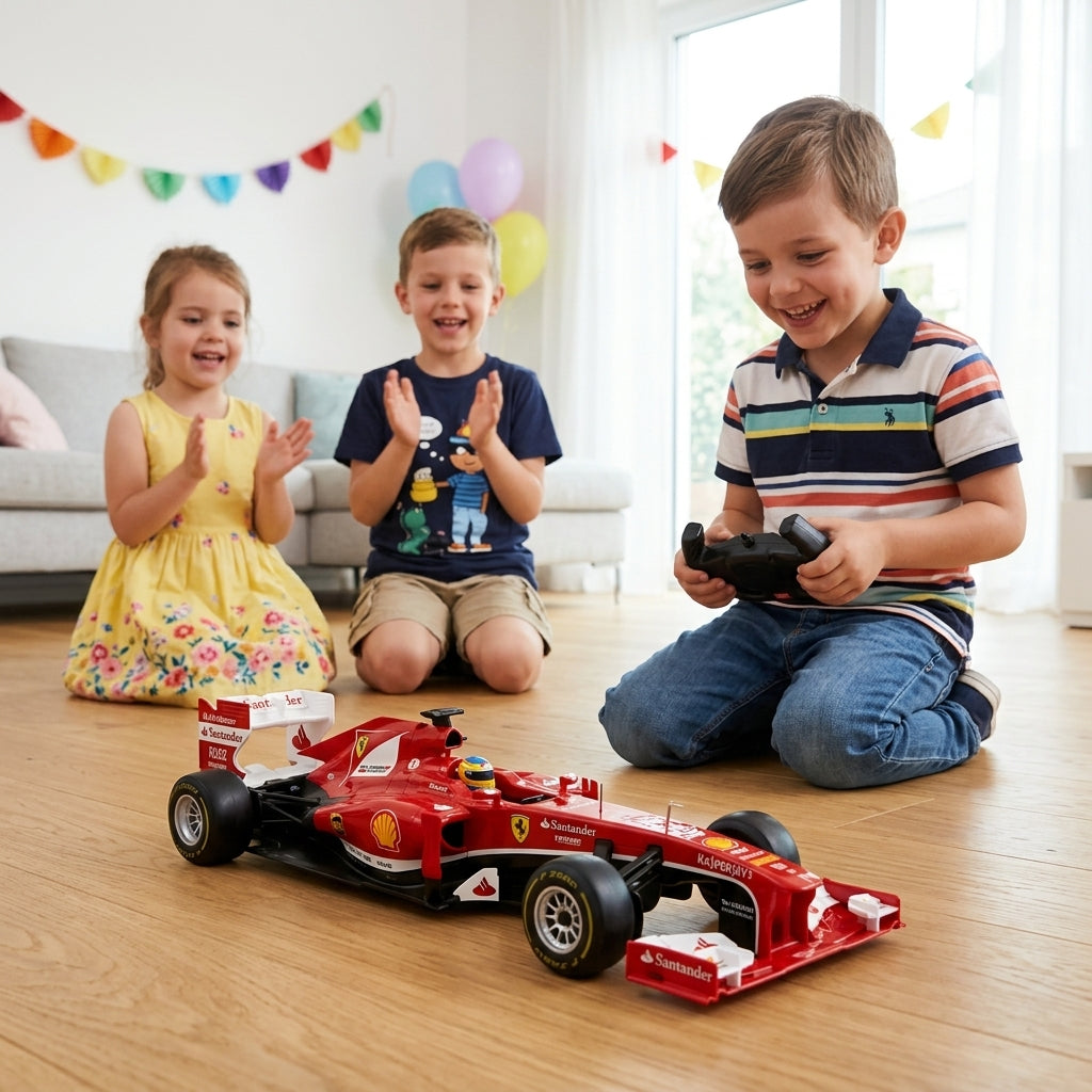 Auto na daljinski Ferrari F1 1:12 na rođendanskoj zabavi u dnevnoj sobi