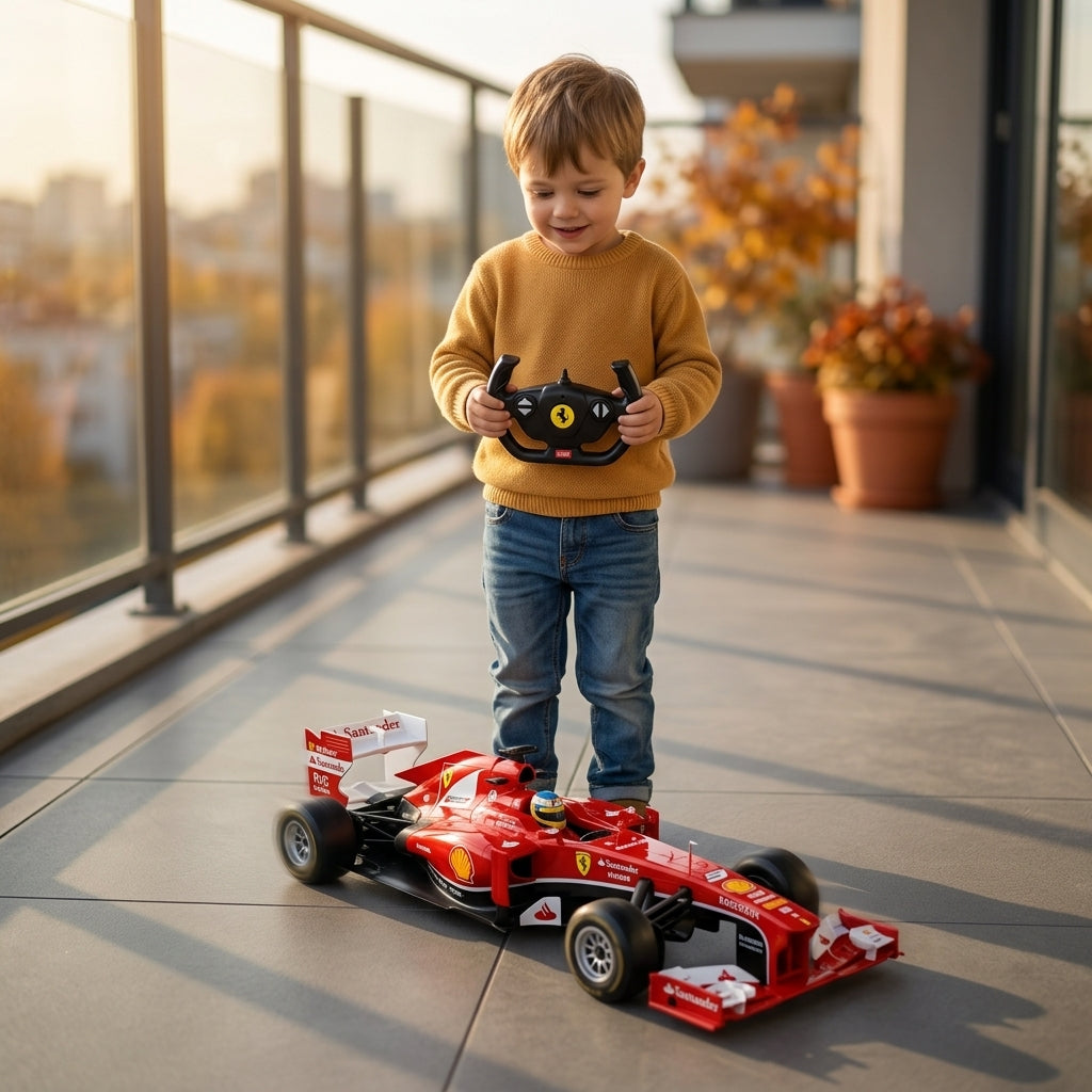 Auto na daljinski Ferrari F1 1:12 na sunčanoj popločanoj terasi