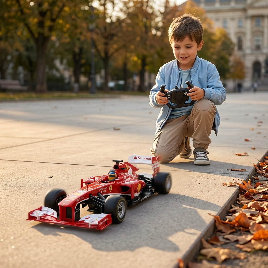 Auto na daljinski Ferrari F1 1:12 u parku na glatkoj stazi