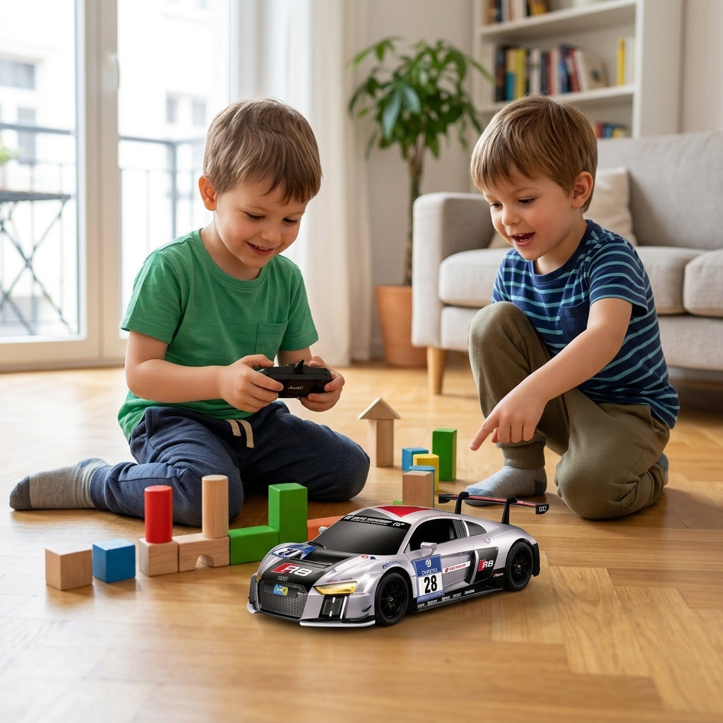 Auto na daljinski Audi R8 LMS crni 1:18 vozi po parketu u dnevnoj sobi pored staze od igračaka