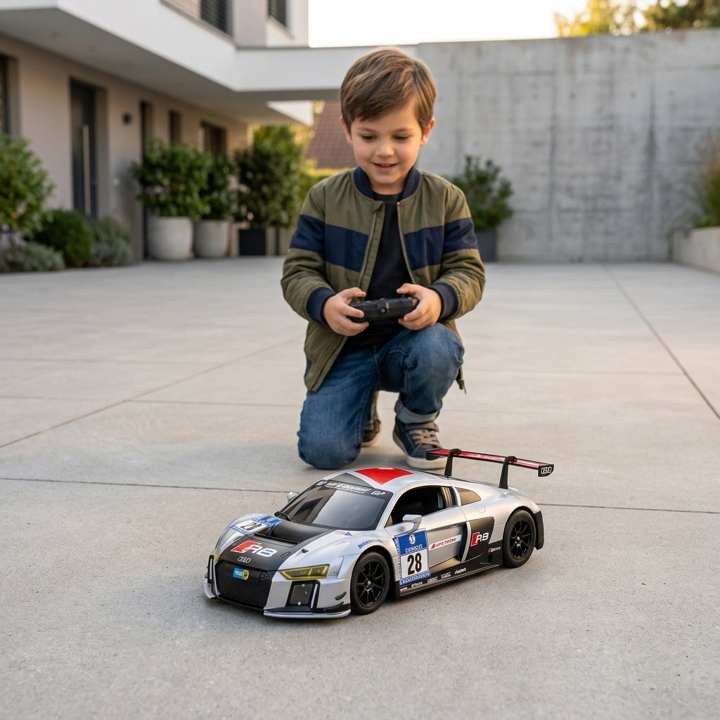 Auto na daljinski Audi R8 LMS crni 1:18 u vožnji po ravnom pločniku ispred zgrade