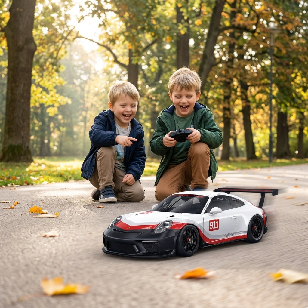 Auto na daljinski Porsche 911 GT3 Cup 1:18 vozi se po stazi u parku dok se dva dečaka igraju
