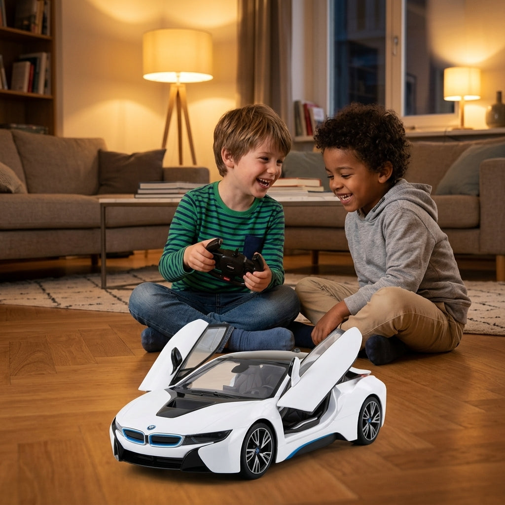 Auto na daljinski BMW 40 cm na podu dnevne sobe dok se dečaci igraju