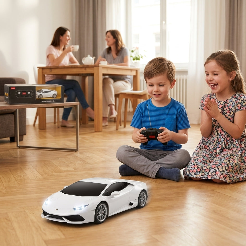 Auto na daljinski Lamborghini Huracán LP610-4 1:24 dok se deca igraju na parketu u dnevnoj sobi