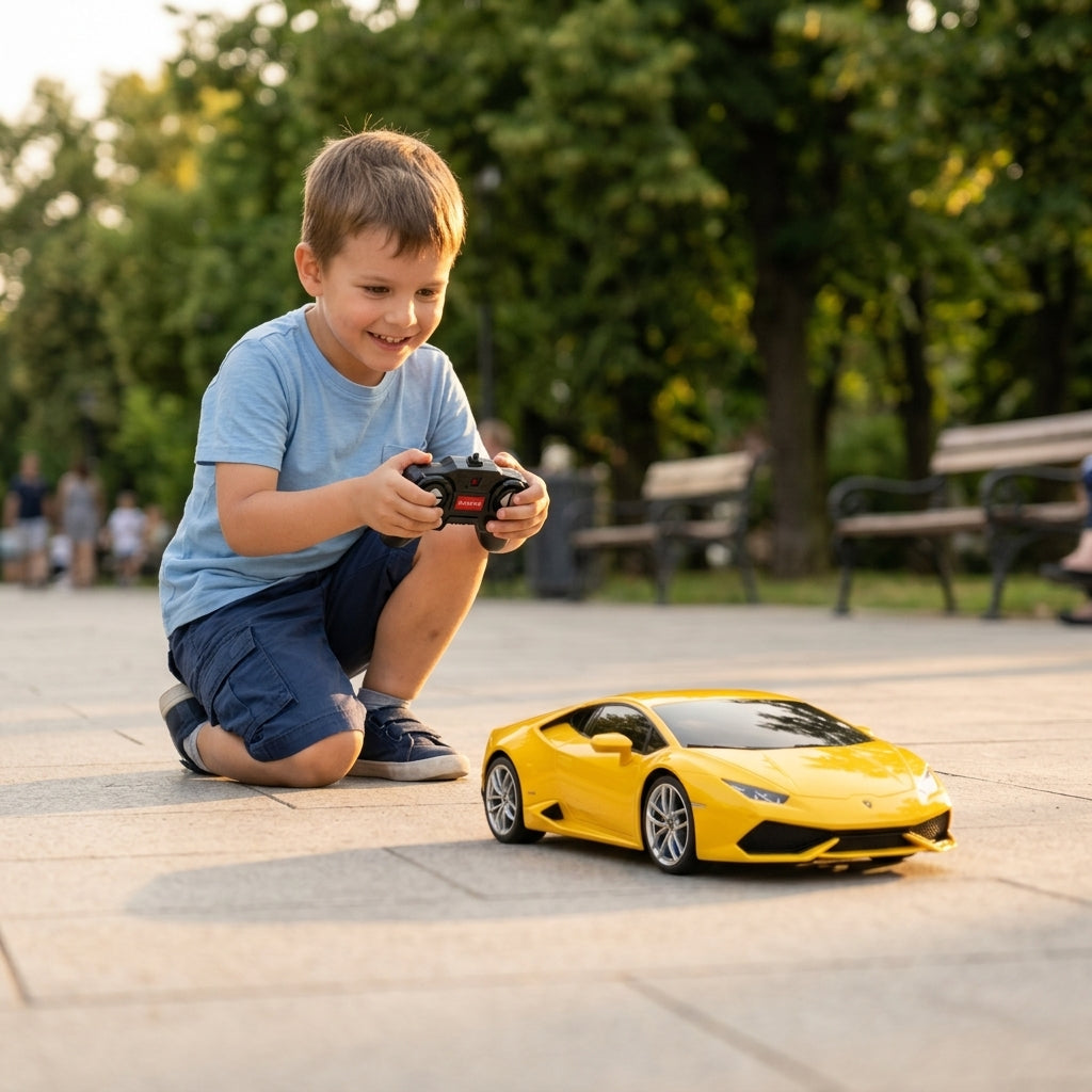 Auto na daljinski Lamborghini Huracán LP610-4 1:24 u vožnji na glatkom platou u gradskom parku