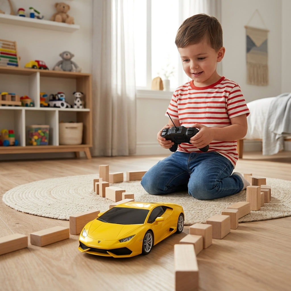 Auto na daljinski Lamborghini Huracán LP610-4 1:24 na podu dečije sobe pored drvenih kockica