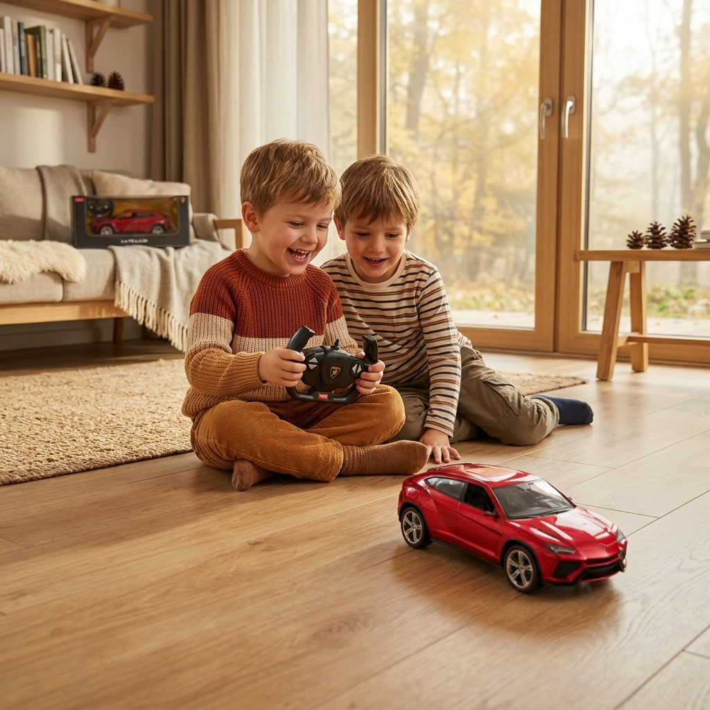 Auto Lamborghini Urus na daljinski u crvenoj boji dok se dečaci igraju na podu vikendice