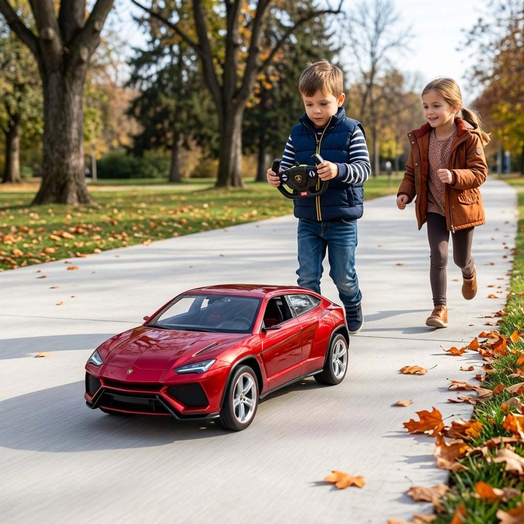 Auto Lamborghini Urus na daljinski na uređenoj stazi u parku okruženoj jesenjim lišćem
