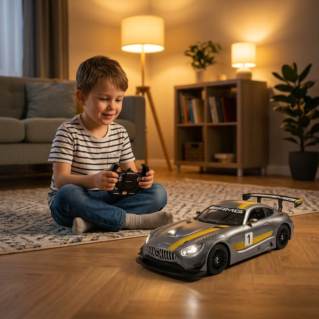 Auto na daljinski Mercedes-AMG GT3 1:14 u dnevnoj sobi pod toplom večernjom rasvetom