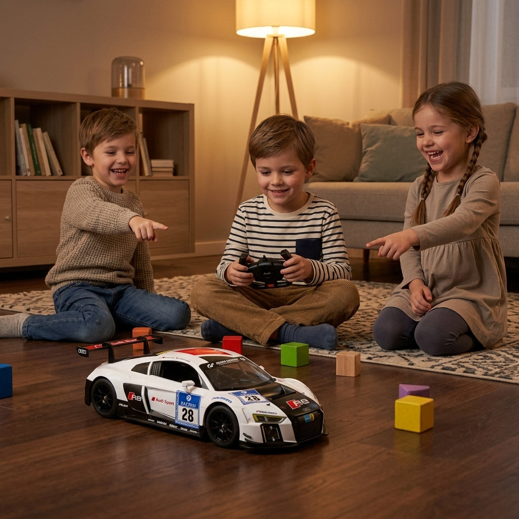 Auto na daljinski Audi R8 LMS 1:14 u trci po parketu u dnevnoj sobi dok se deca igraju