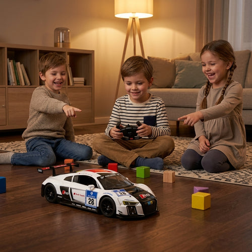 Auto na daljinski Audi R8 LMS 1:14 u trci po parketu u dnevnoj sobi dok se deca igraju