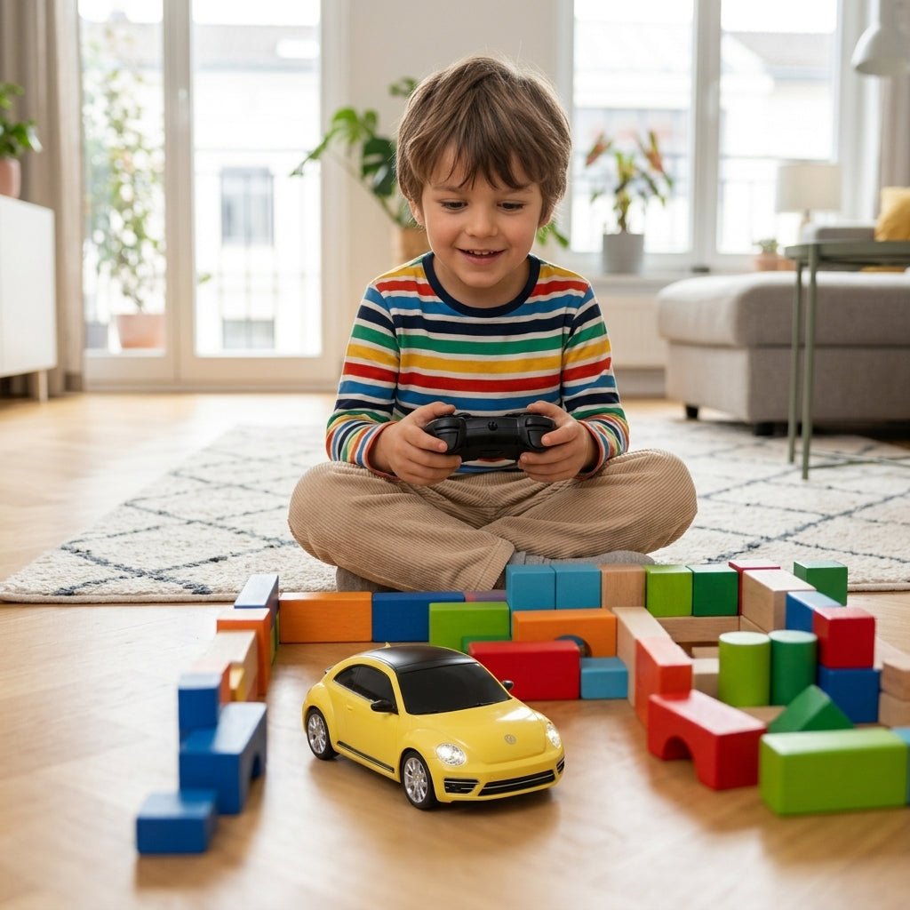 Auto na daljinski Volkswagen Buba 1:24 žute boje na parketu u dnevnoj sobi