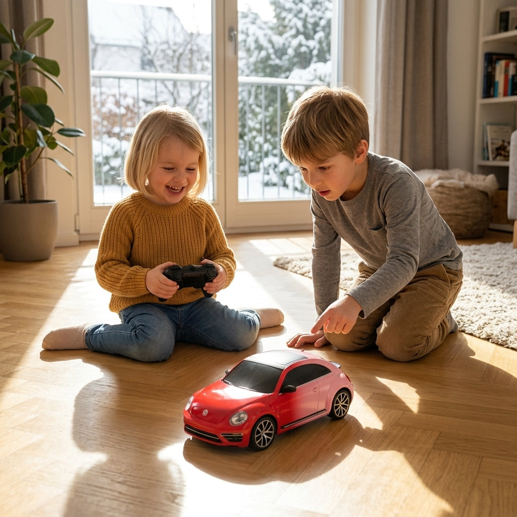 Auto na daljinski Volkswagen Buba koji menja boju na suncu 1:24 na podu sobe gde se vidi promena boje na svetlosti