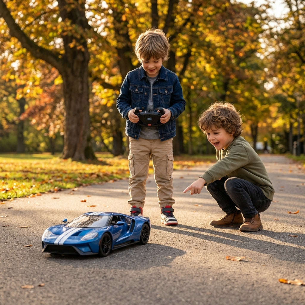 Auto na daljinski Ford GT - dečaci se igraju u parku sa plavim sportskim automobilom na stazi