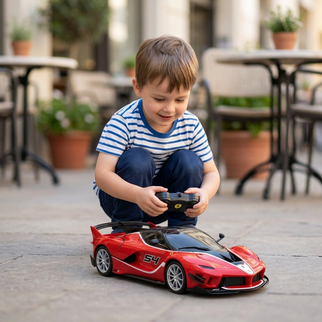 Auto na daljinski Ferrari FXX K Evo 1:24 na popločanoj terasi kafića