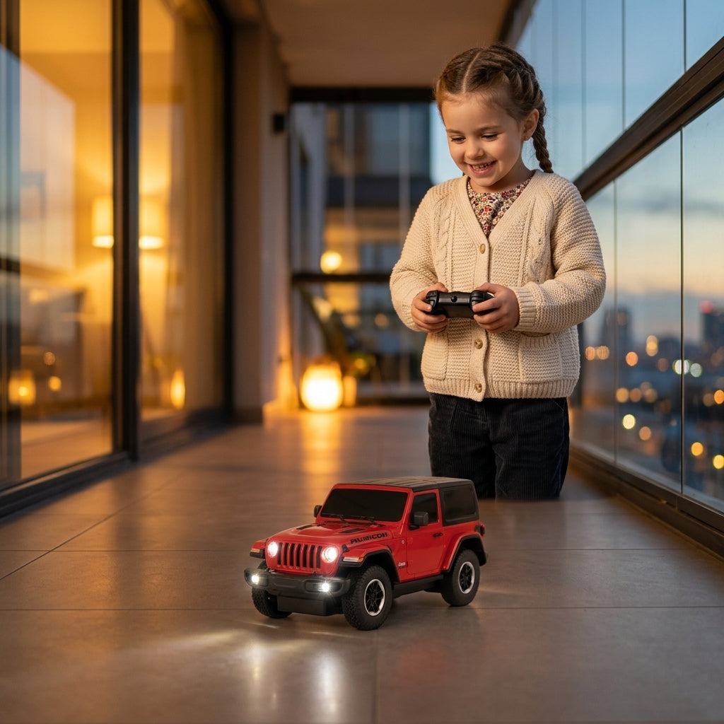 Rastar auto na daljinski Jeep Wrangler koji devojčica vozi na popločanoj terasi