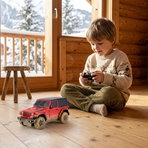 Auto Jeep Wrangler Rubicon na daljinski dečak vozi po drvenom podu vikendice