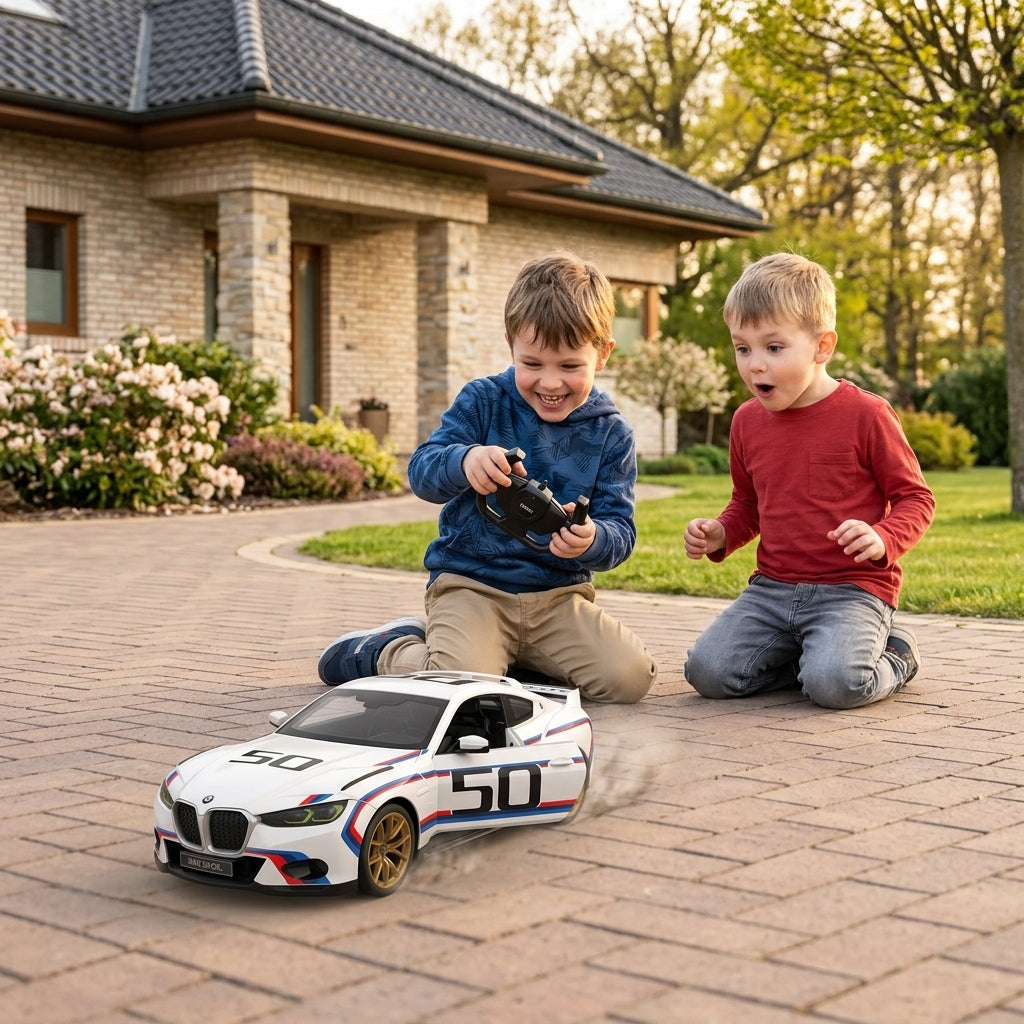 Auto na daljinski BMW 3.0 CSL 1:14 u dvorištu dok se deca igraju