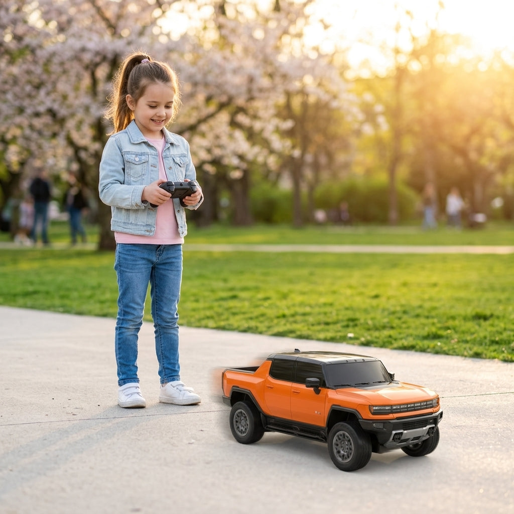 Auto na daljinski Hummer EV 1:26 u jarkoj narandžastoj boji na popločanoj stazi u prolećnom parku