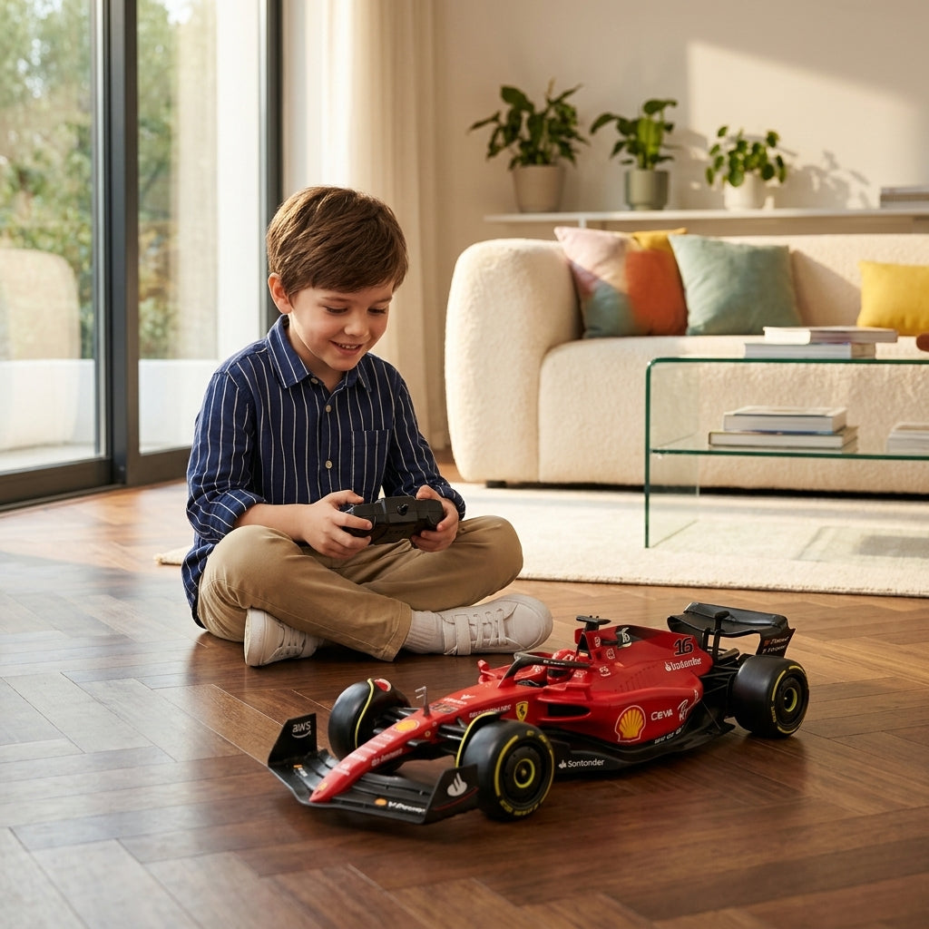 Auto na daljinski Ferrari F1-75 1:18 na parketu u dnevnoj sobi dok dečak sedi i upravlja