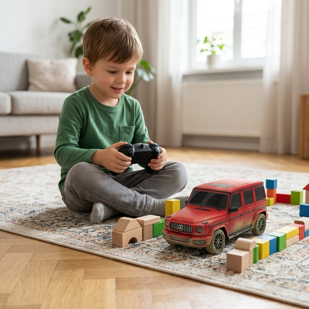 Auto na daljinski Mercedes-Benz G63 AMG 1:24 manevriše između drvenih kockica na tepihu u dnevnoj sobi.