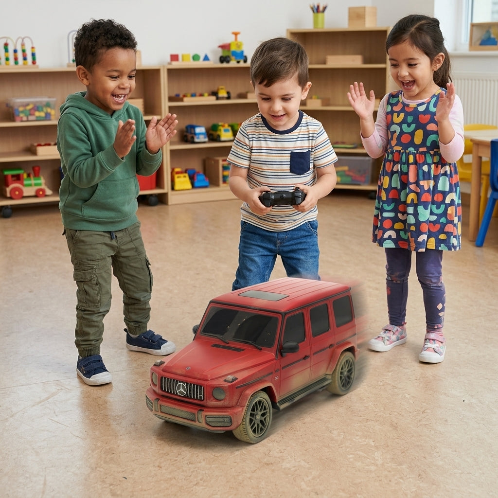 Auto na daljinski Mercedes-Benz G63 AMG 1:24 u igraonici vrtića okružen decom koja se igraju.