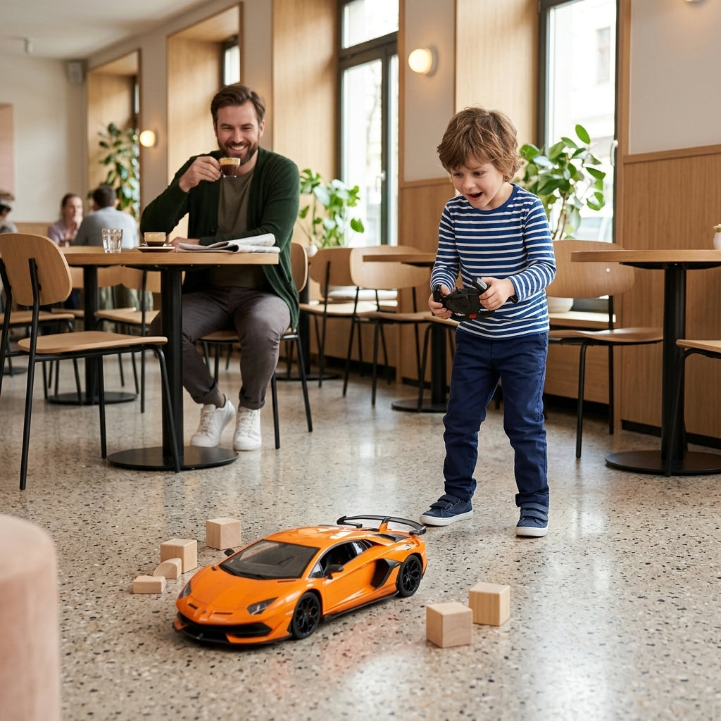 Auto Aventador na daljinski narandžaste boje na glatkom podu u igraonici kafića