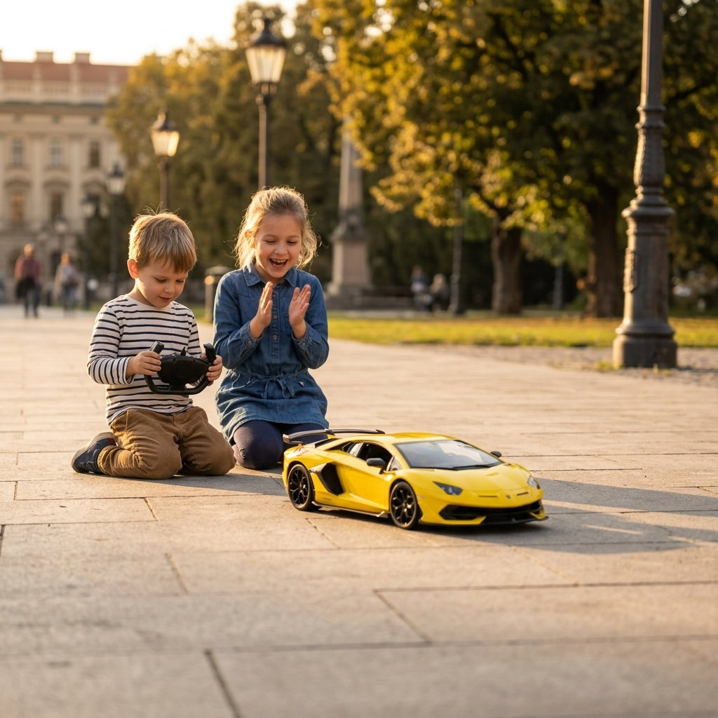 Auto Aventador na daljinski žute boje na popločanoj stazi u parku u vreme zalaska sunca