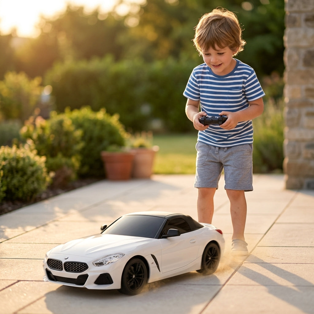 Auto na daljinski BMW Z4 1:24 beli model na popločanoj stazi u dvorištu