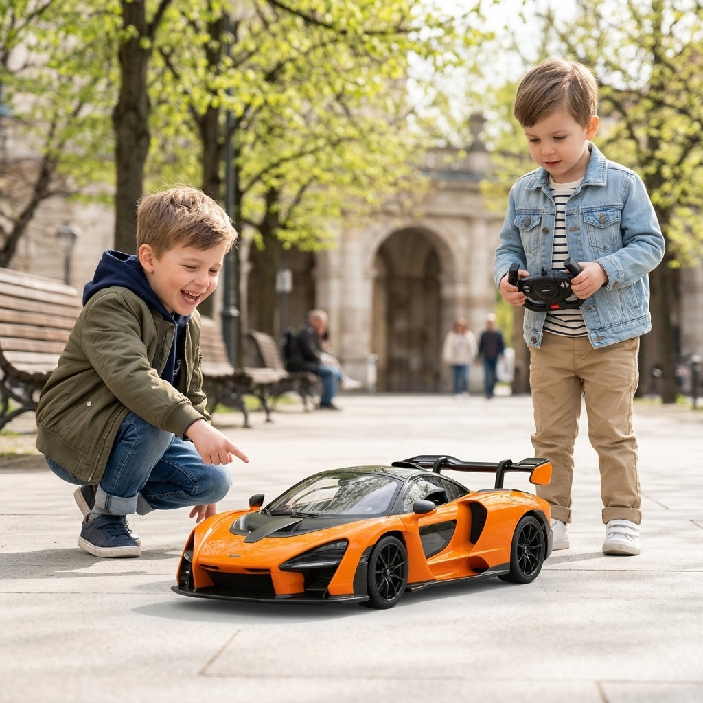 Auto na daljinski McLaren Senna 1:14 na popločanoj stazi u parku dok se dečaci igraju