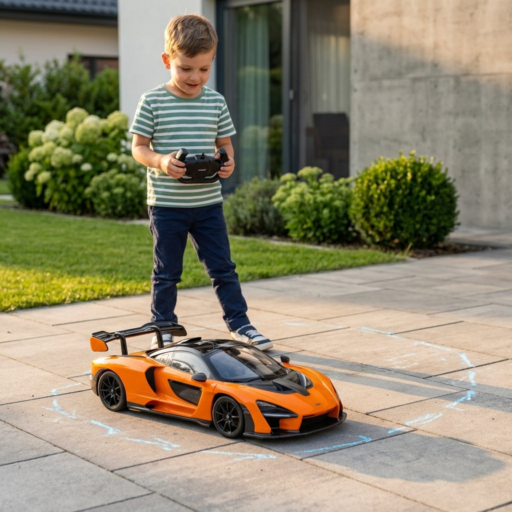Auto na daljinski McLaren Senna 1:14 vozi se po ravnoj terasi u dvorištu porodične kuće