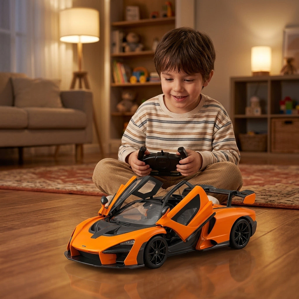 Auto na daljinski McLaren Senna 1:14 sa podignutim vratima na parketu dnevne sobe