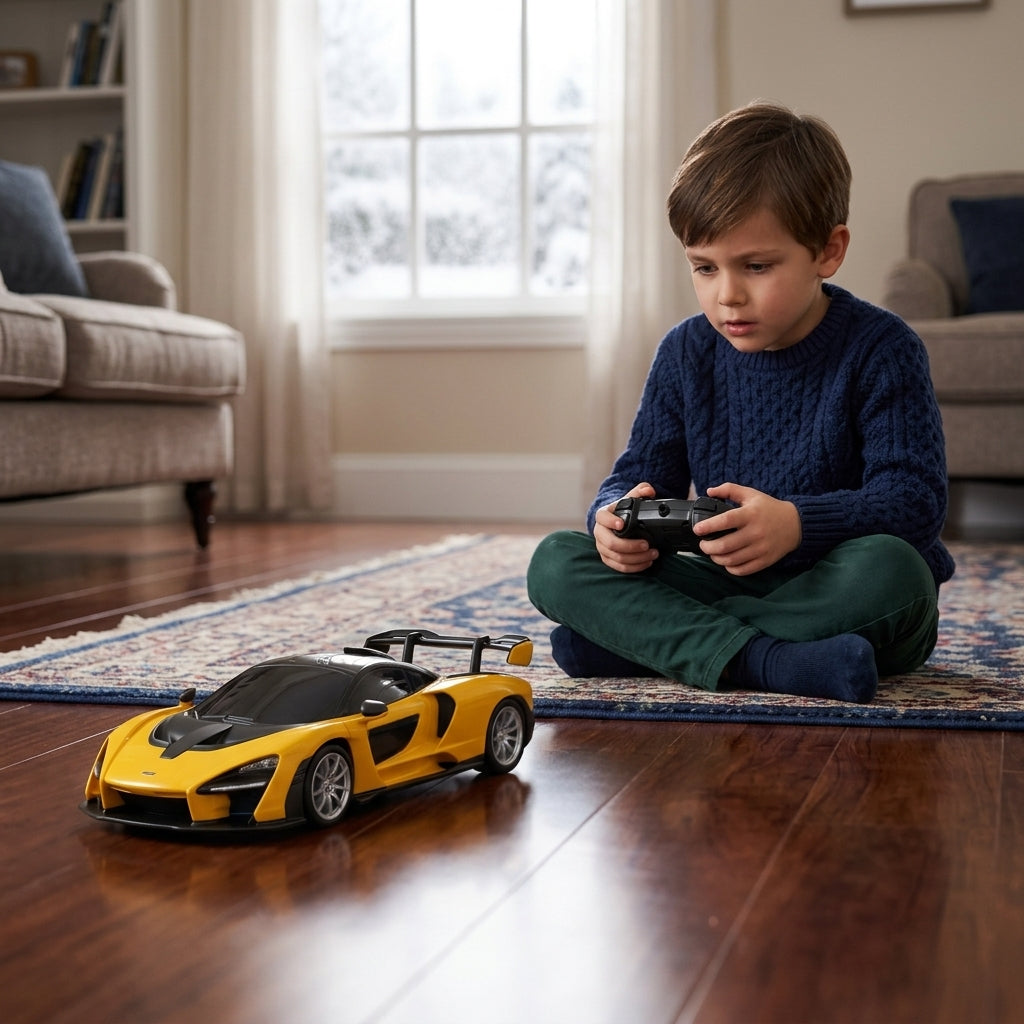 Auto na daljinski McLaren Senna 1:24 u dnevnoj sobi tokom zimske igre na podu
