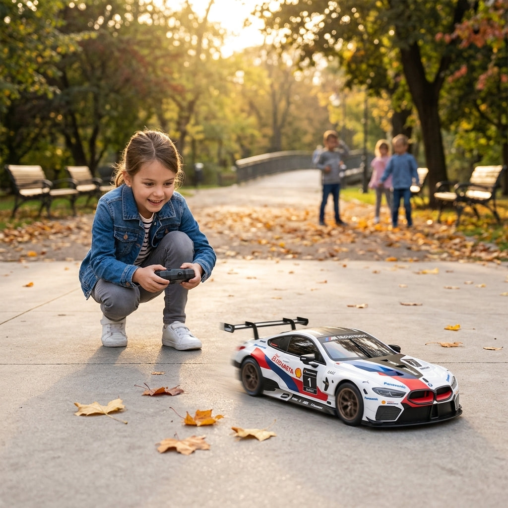 Auto na daljinski BMW GTE set za sklapanje 1:18 tokom vožnje na stazi u parku u jesen