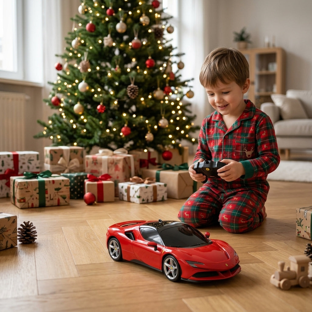 Auto na daljinski Ferrari SF90 Stradale 1:18 pored okićene novogodišnje jelke